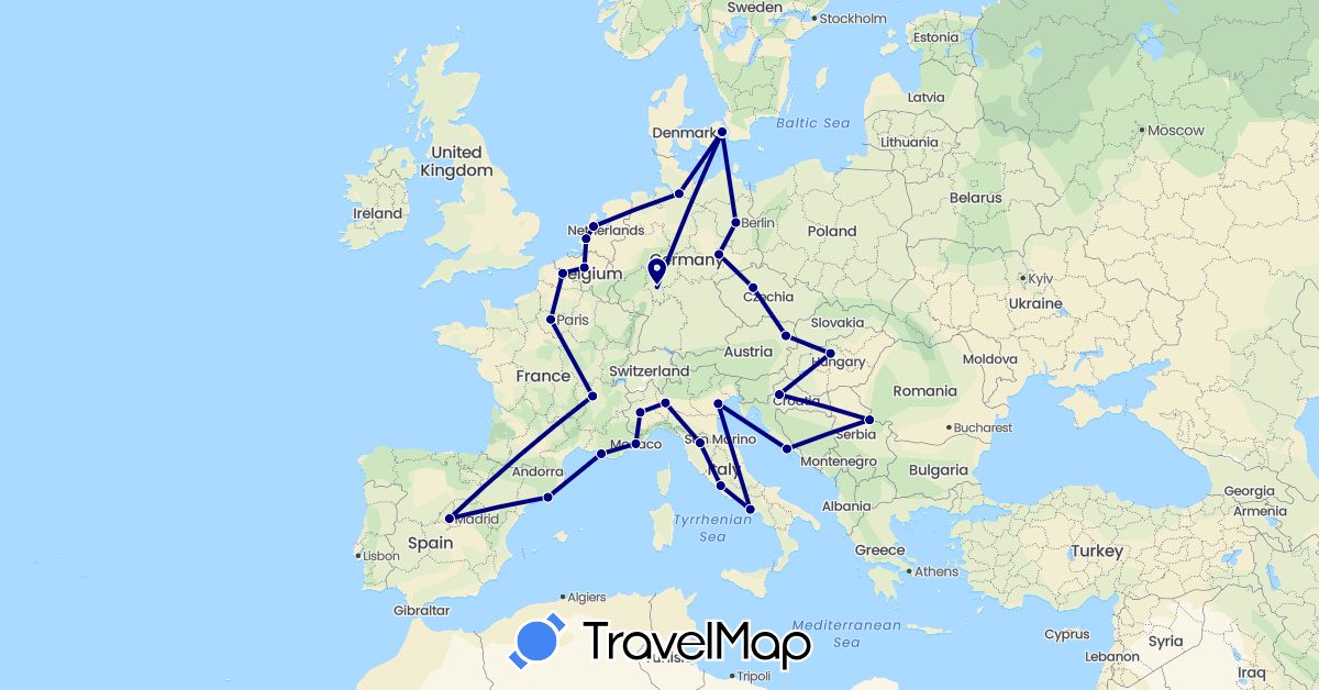 TravelMap itinerary: driving in Austria, Belgium, Czech Republic, Germany, Denmark, Spain, France, Croatia, Hungary, Italy, Monaco, Netherlands, Serbia (Europe)